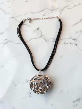 Chico's Silver Tone Open Rose Statement Pendant Multi-Strand Cord Necklace Brand